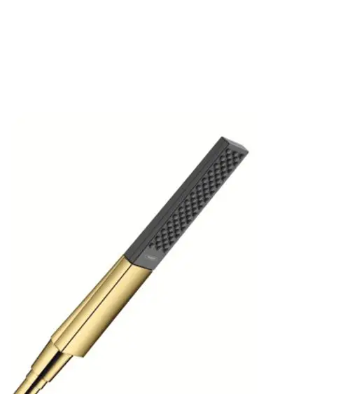 Handbrause mit einem schlanken, rechteckigen Kopf in Polished Gold Optic von Hansgrohe. Der Griff hat eine rutschfeste Oberfläche für besseren Halt.